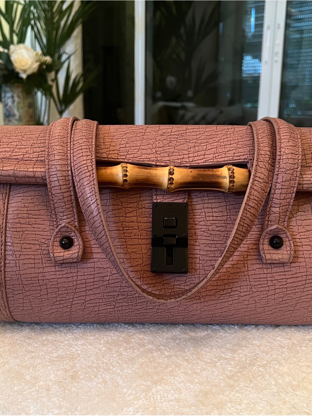 Gucci Pink Textured Leather Satchel with Bamboo Handle